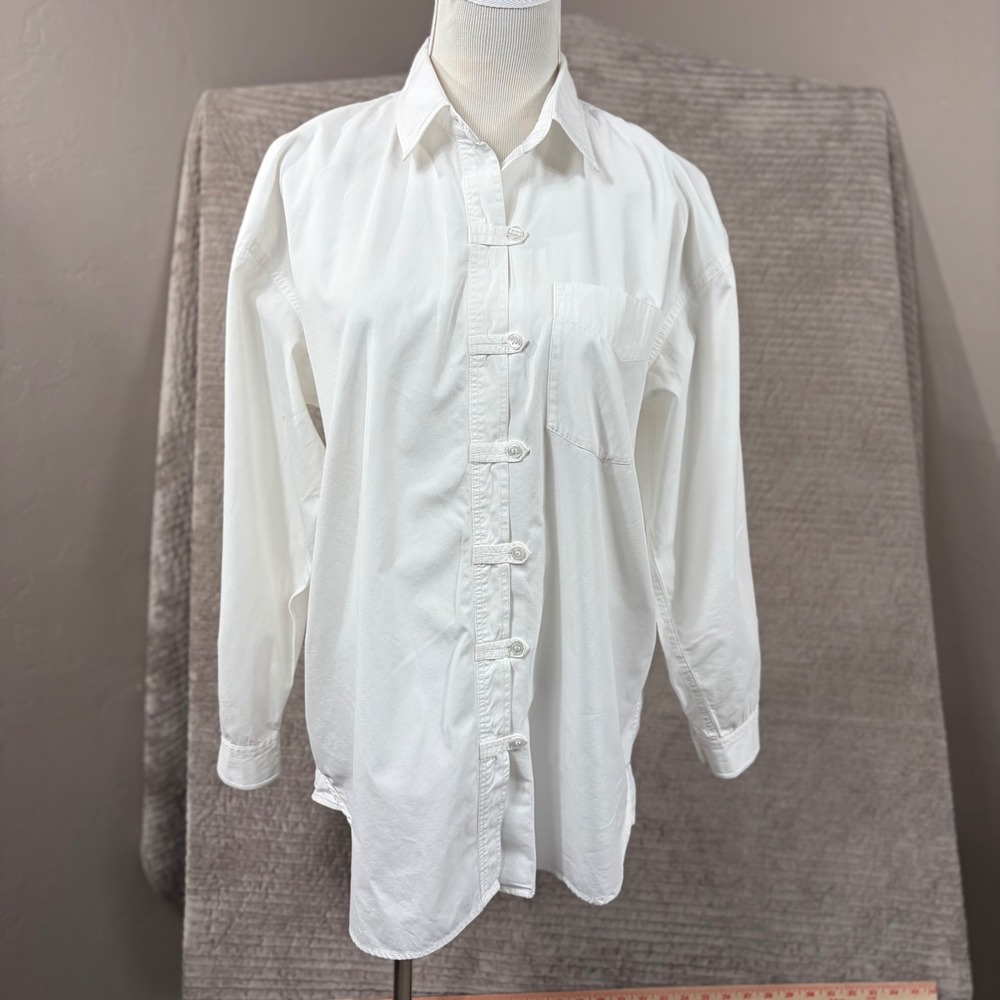 Theo Womens White 100% Cotton Long Sleeve Loop Button Down Shirt Size M Relaxed